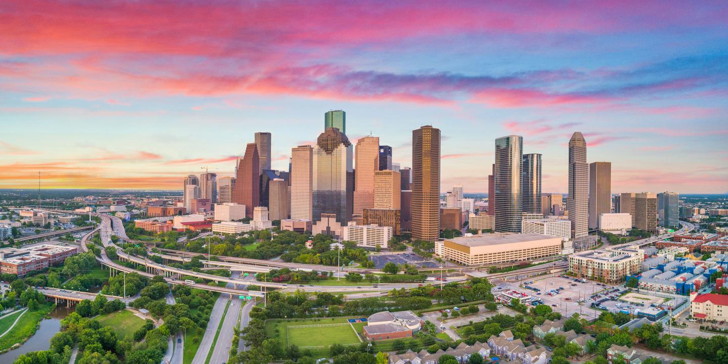 Panoramic drone view of downtown Houston