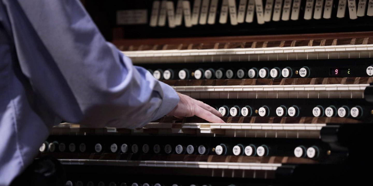 South Main Baptist Church sanctuary organ, close up of keys