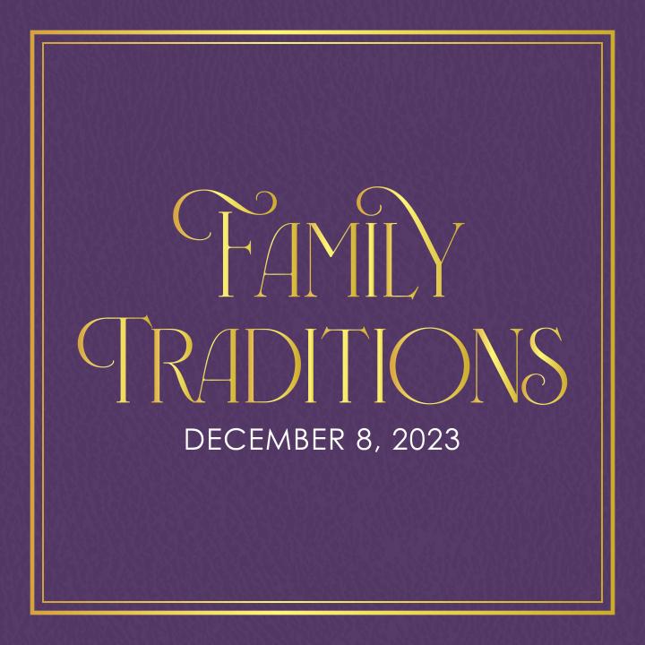 purple leather book cover with family traditions written across in gold