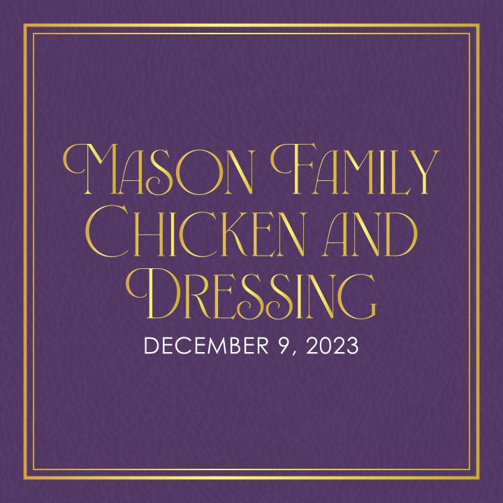 purple leather book cover with mason family chicken and dressing written across in gold