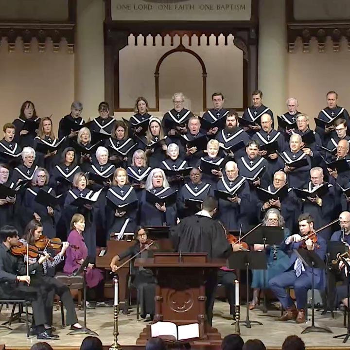 Sanctuary Choir and Orchestra playing in worship