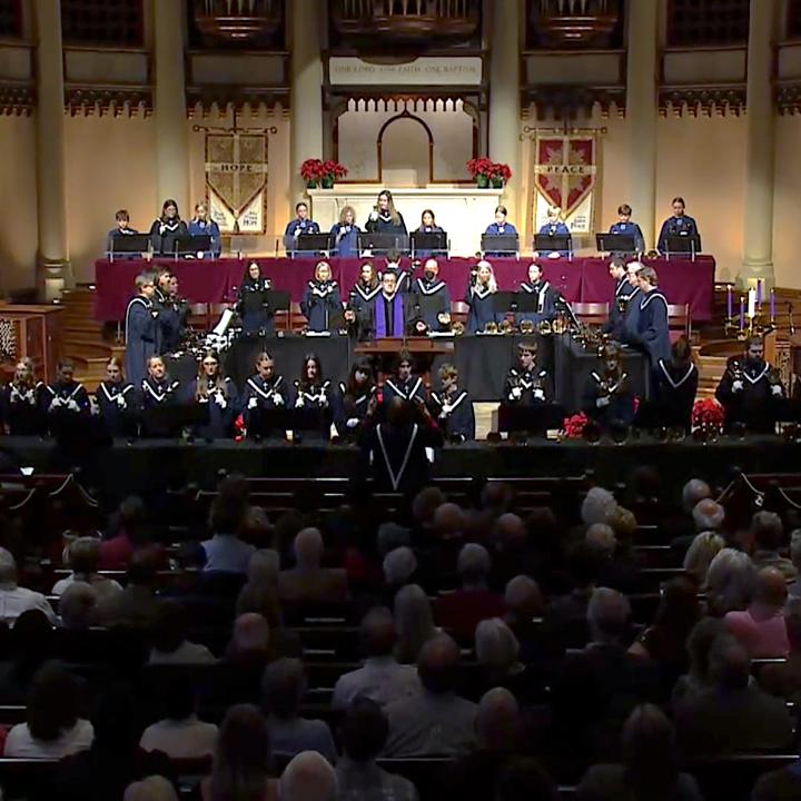 handbell choirs and congregation during worship