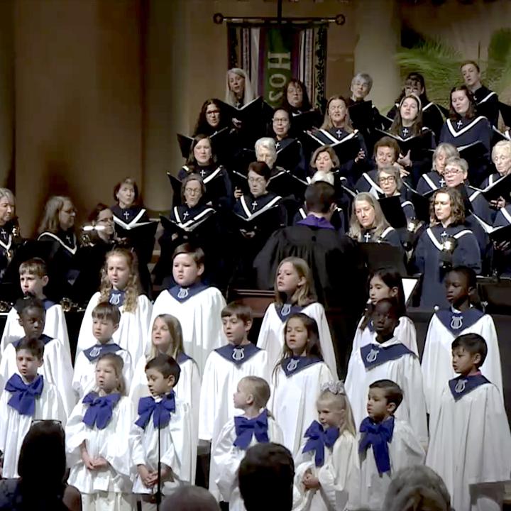 Sanctuary, mini-mainkids, and mainkids choir singing in worship