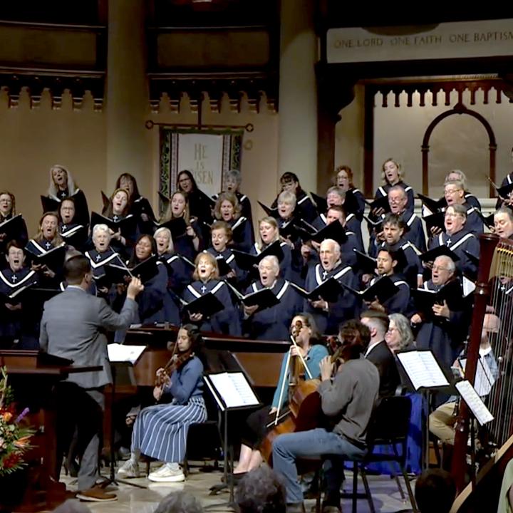 Sanctuary Choir and Orchestra playing in worship