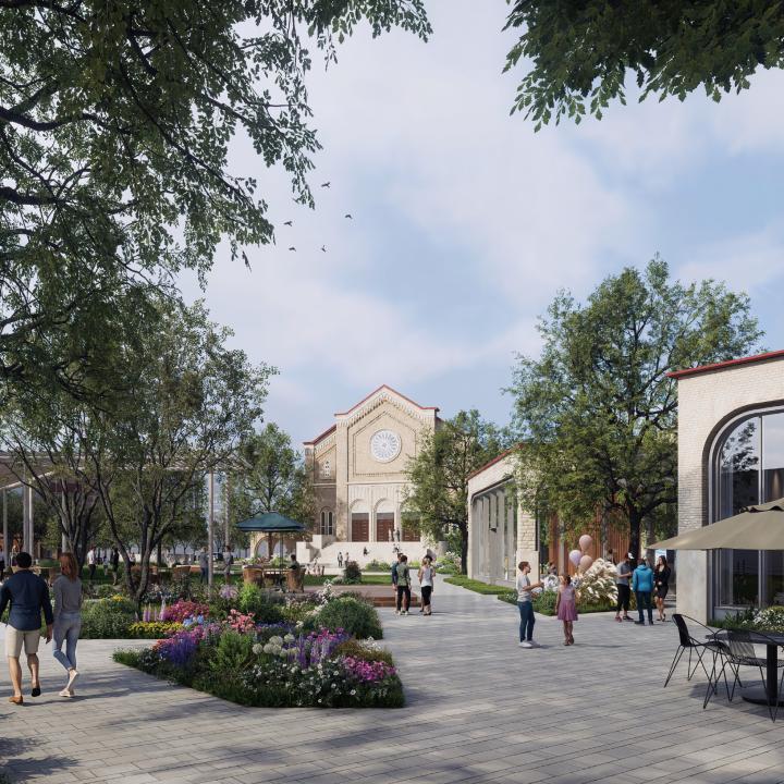 rendering of the south main sanctuary with a park in front