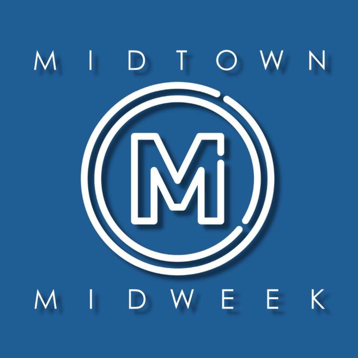 Large capital M in a circle on a blue background with the words Midtown Midweek