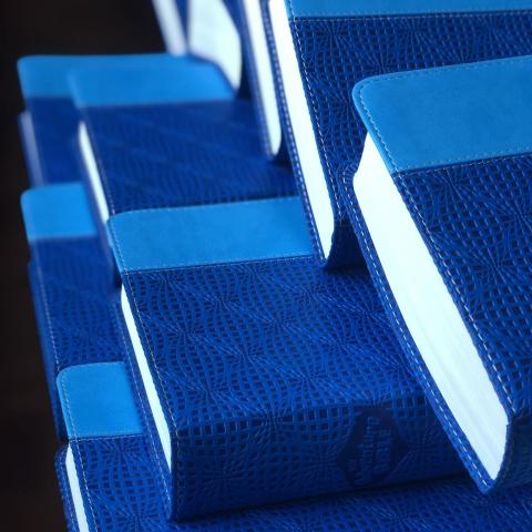 Multiple stacks of The Adventure Bible with blue leather covers