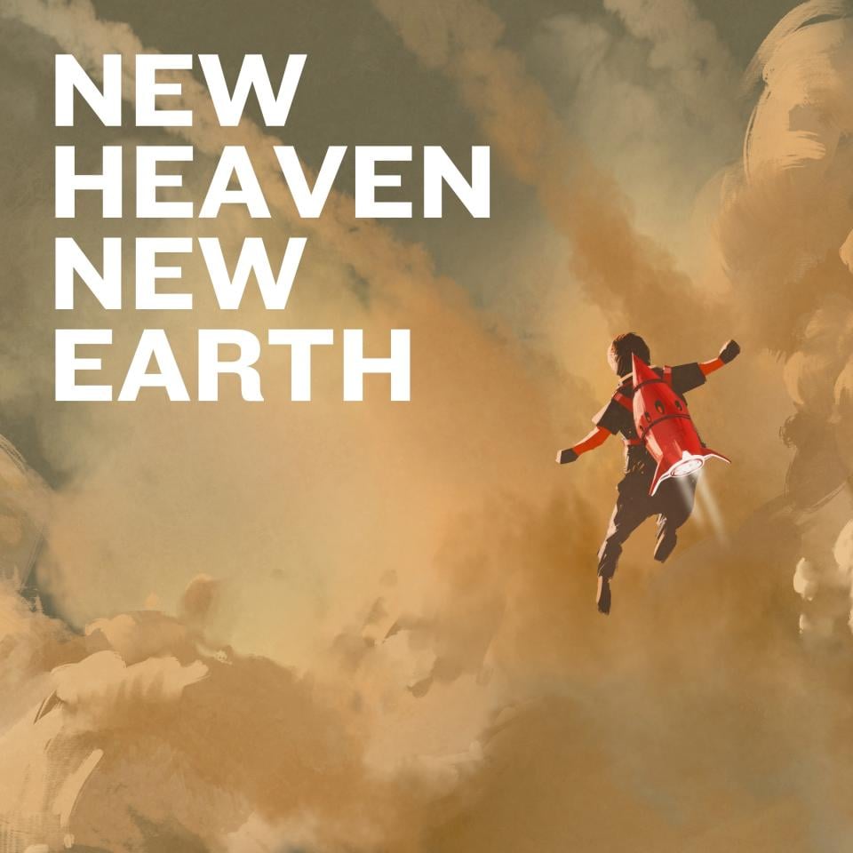 painting of a boy on a jetpack in the clouds