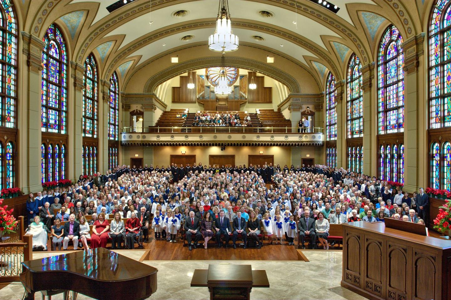 Wide angle shot of the SMBC congregation in the sanctuary in 2023